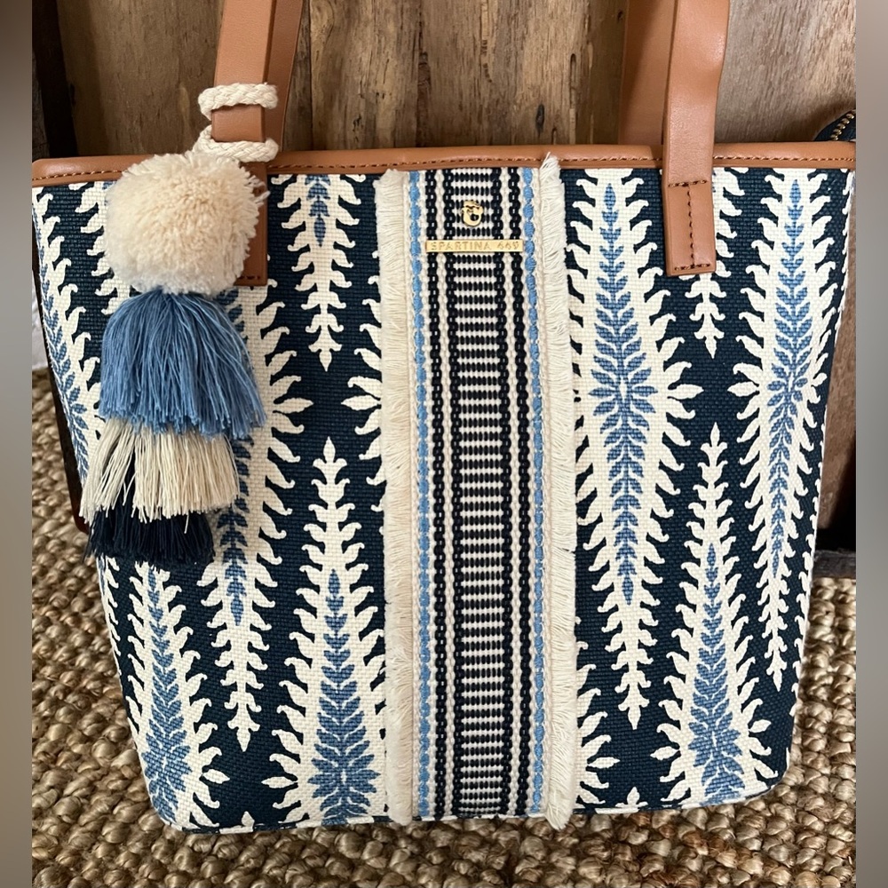 Spartina 449 Boho Tropez Tote Linen & Leather NWOT - Picture 2 of 13
